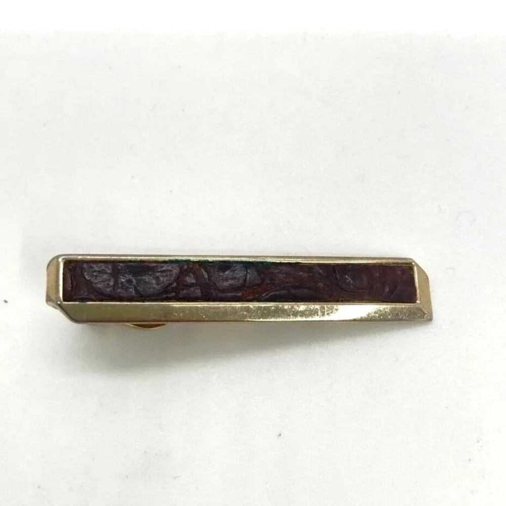 Vintage Swank Mens Square‎ Cufflinks Tie Clip Set Brown Faux Leather Gold Tone
